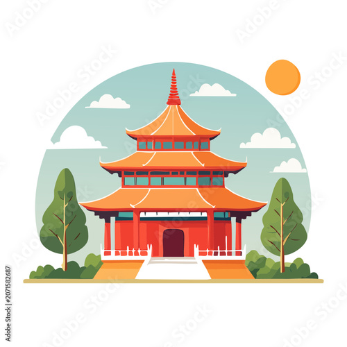 Traditional Asian Temple Flat Vector Illustration