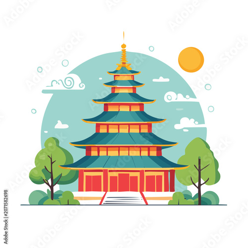 Traditional East Asian Pagoda Flat Vector Illustration
