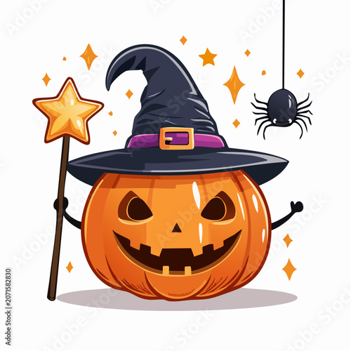 Cartoon Halloween pumpkin with witch hat and magic wand