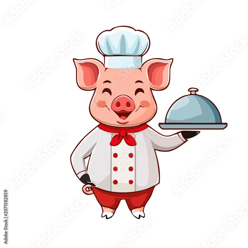 Cartoon Pig Chef Holding Cloche and Spatula