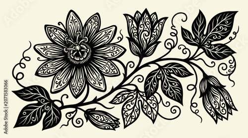 Foto Black and White Floral Illustration of Passion Flower and Botanical Elements