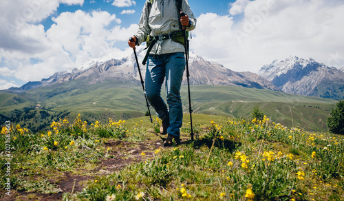 Backpacking woman hiking on flowering grassland mountain top