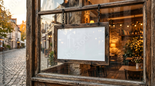 Blank wooden hanging sign in cozy cafe window at sunset