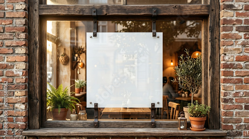 Blank frosted square sign hanging in a rustic cafe window