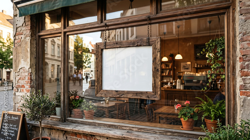 Blank wooden sign mockup hanging in a cozy cafe window storefront
