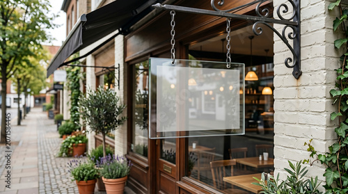 Blank glass hanging sign mockup outside a cafe on a brick street