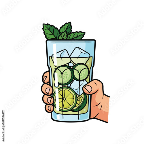 A hand holding a glass with cucumber and lime