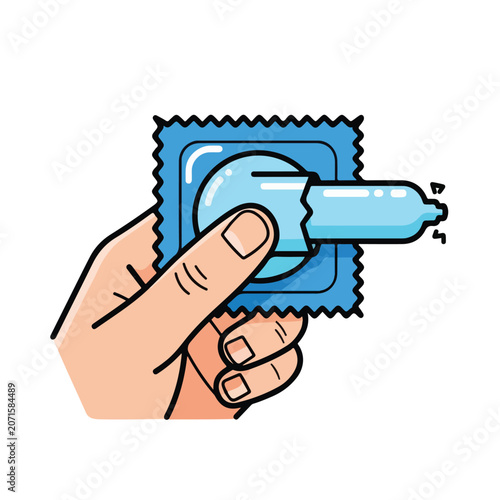 A hand holding a blue condom
