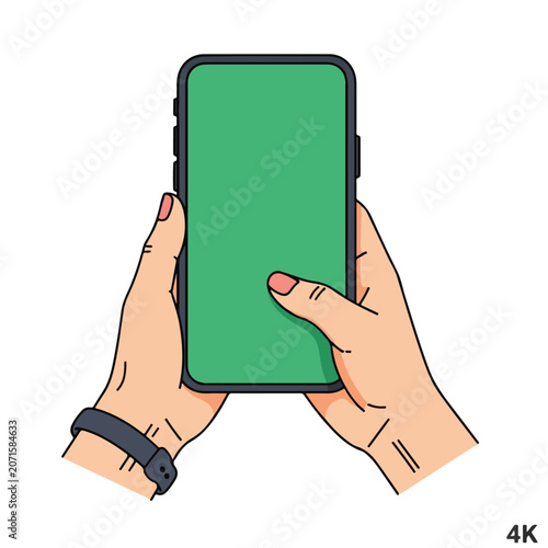 A hand holding a green-screen smartphone