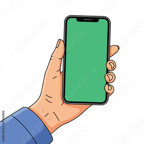 A hand holding a smartphone with a green screen