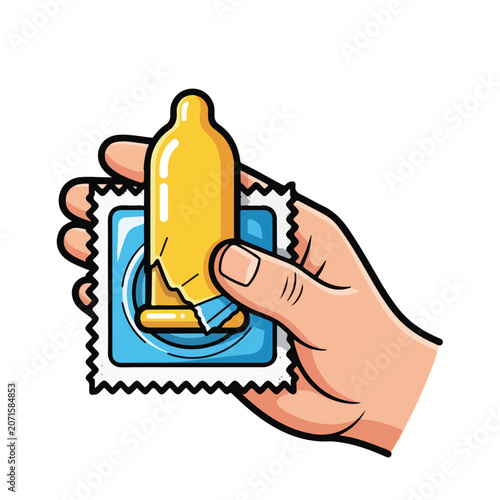 A hand holding a yellow condom