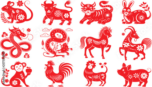Canvas Print Traditional Chinese zodiac animal paper cut collection for Lunar New Year celebr