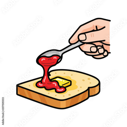 A hand holds a spoon with red jam over toast