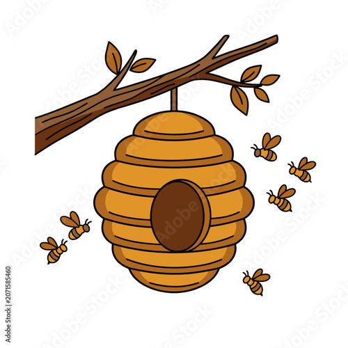 Photos A cartoon illustration of a hanging beehive with several buzzing bees