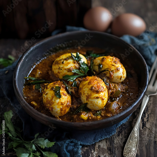 Authentic Egg Curry Served in a Rustic Bowl with Rich Spiced Gravy and Fresh Herbs.