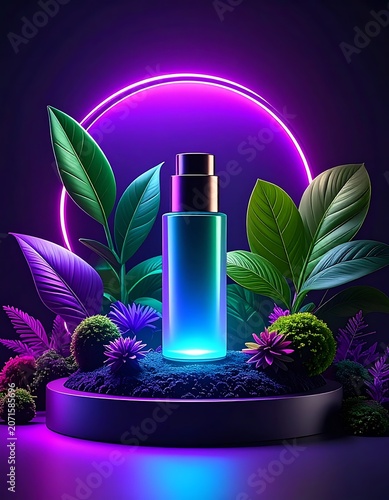 A futuristic neon-lit perfume bottle on a pedestal surrounded by lush greenery and vibrant flowers