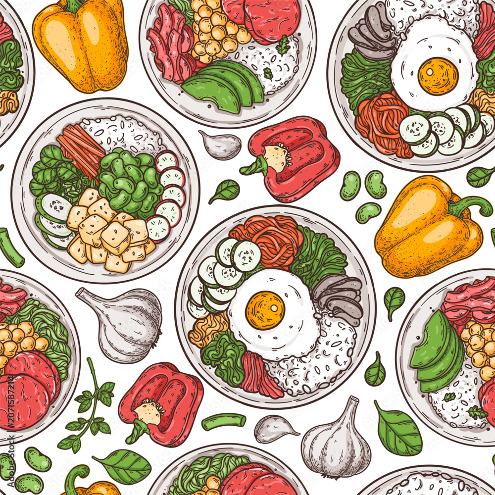 Obraz premium Healthy bowl seamless pattern. Hand drawn vector illustration. Vegetables, salad, meat. Organic food background. Top view. Healthy bowl ingredients.