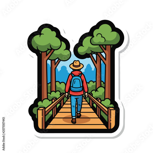 A hiker walks on a bridge