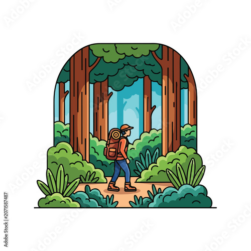 A hiker walks through a forest
