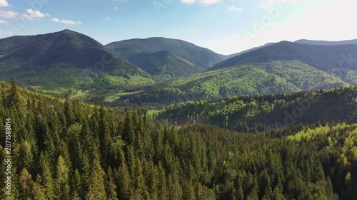 Aerial view green mountain landscape. Rolling hills covered in dense pine forests and trees stretch into the distance. Contrasting shades of green and distant peaks create a serene, picturesque view