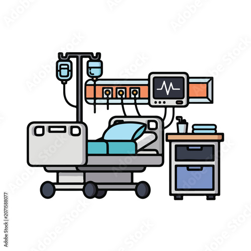 A hospital bed with medical equipment and monitor