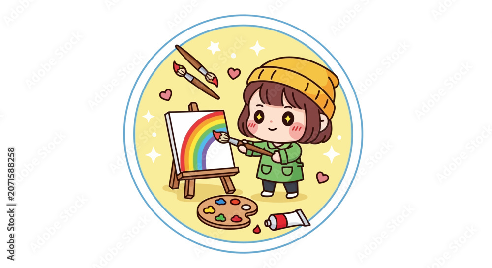 Naklejka premium Little girl painting on canvas.