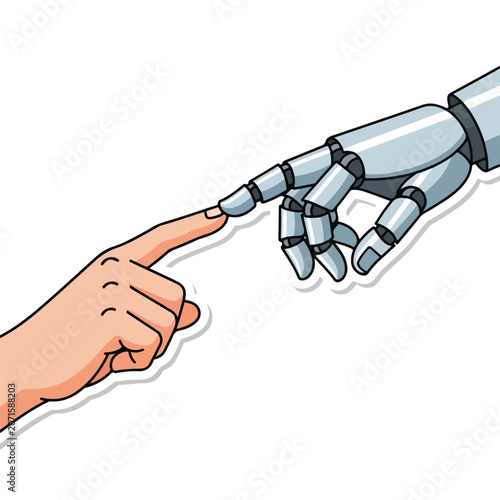 A human and robotic hand touching fingertips