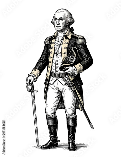 George Washington in military uniform standing.