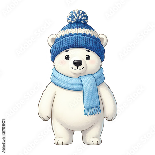Cute Polar Bear Wearing Winter Hat and Scarf Isolated