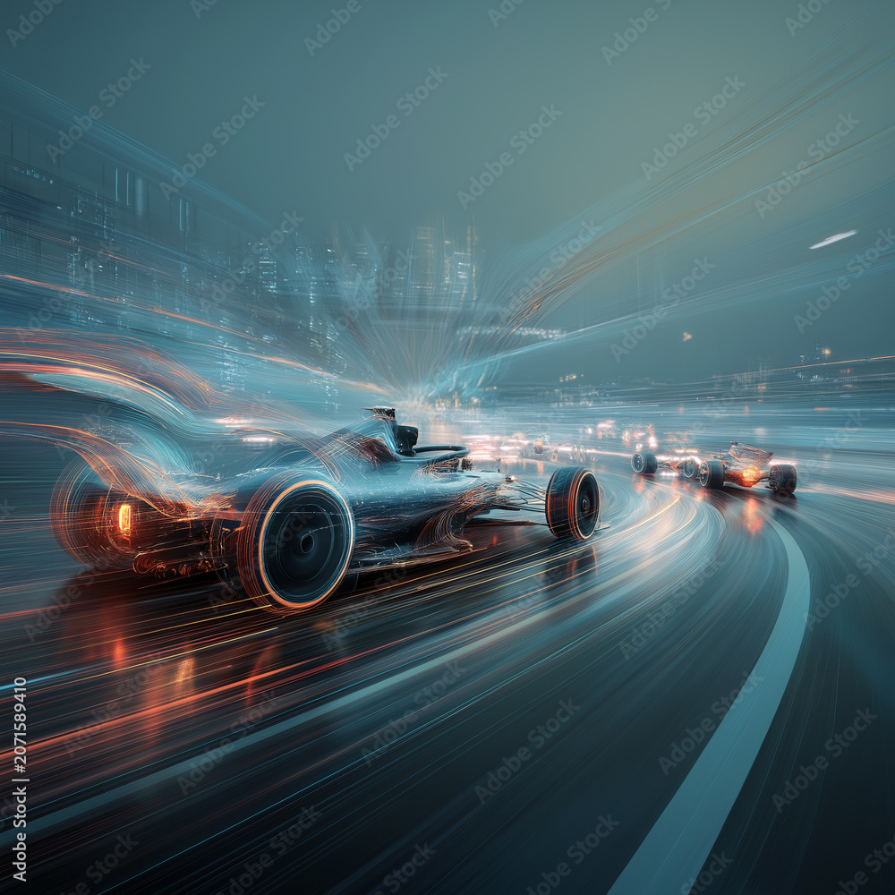 Naklejka premium Futuristic open-wheel race cars with glowing energy trails at night