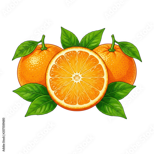 Orange Slice with Whole Oranges and Leaves Transparent Background