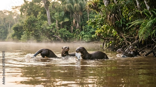 Group of Giant River Otters Eating Fish in Tropical Amazon Rainforest River