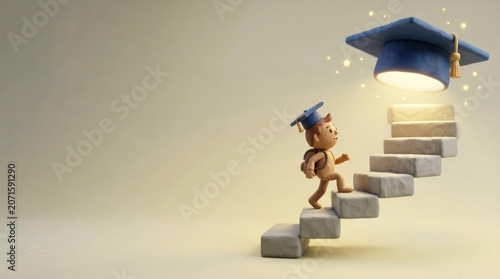 Student Character Climbing Stairs to Graduation Cap