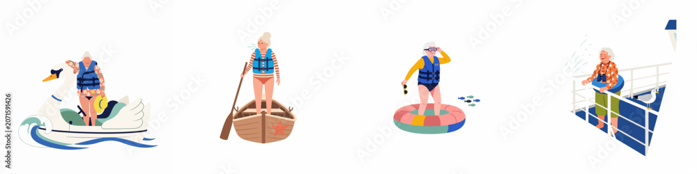 Obraz premium Active senior woman enjoying diverse water activities like rowing, swan boat riding, and cruising, symbolizing a vibrant and adventurous retirement lifestyle.