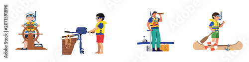 Schilderij op canvas Set of cartoon characters participating in maritime activities including steering a ship, operating a motorboat, using a telescope, and paddling a canoe