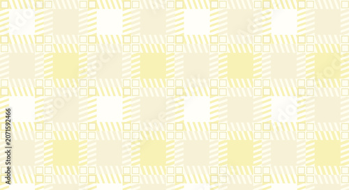 Soft Yellow Cream Plaid Geometric Seamless Pattern with Diagonal Stripes and Square Motifs on White Background. Illustration Vector