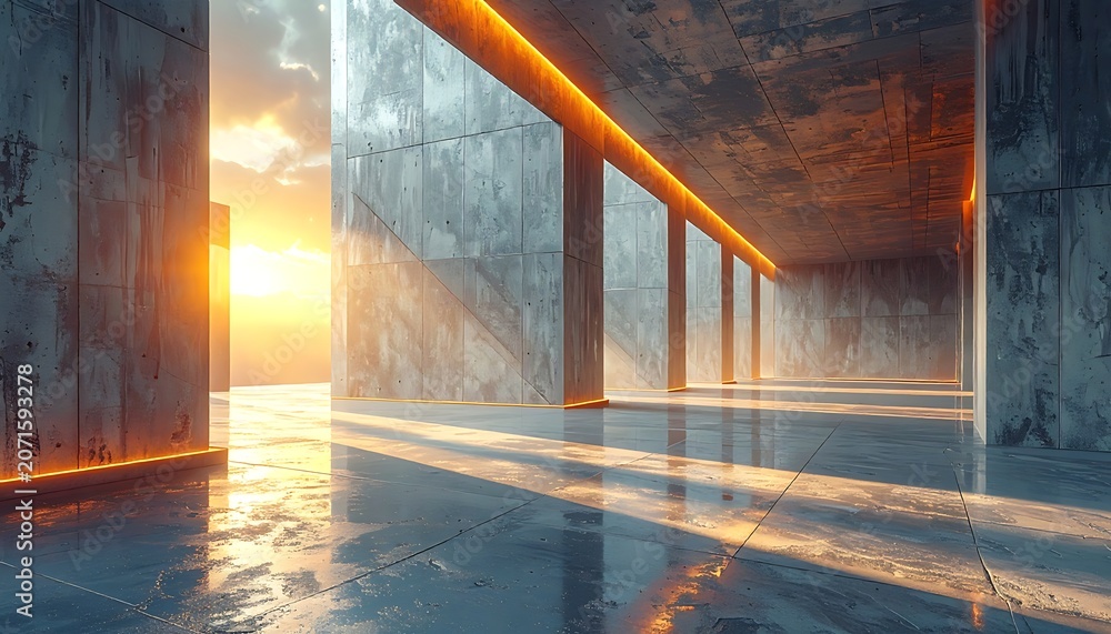 Obraz premium A futuristic room with concrete walls and glowing orange lights