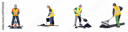 Tableau sur toile Collection of road construction workers in safety gear performing various street repair tasks such as paving, shoveling, raking, and tamping on white background
