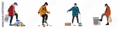 Konstfotografi Flat illustration of diverse young people actively crushing aluminum cans and sorting waste to promote recycling and environmental sustainability for a cleaner planet