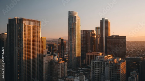 High-angle view captures urban skyline at sunset, with illuminated skyscrapers. Golden light bathes city