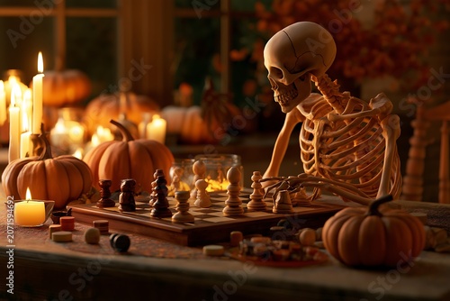 A skeleton sits at a table covered with pumpkins and candles