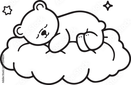 Fotografía A cute cartoon bear sleeps soundly on a fluffy cloud, surrounded by twinkling stars, symbolizing peaceful dreams and slumber