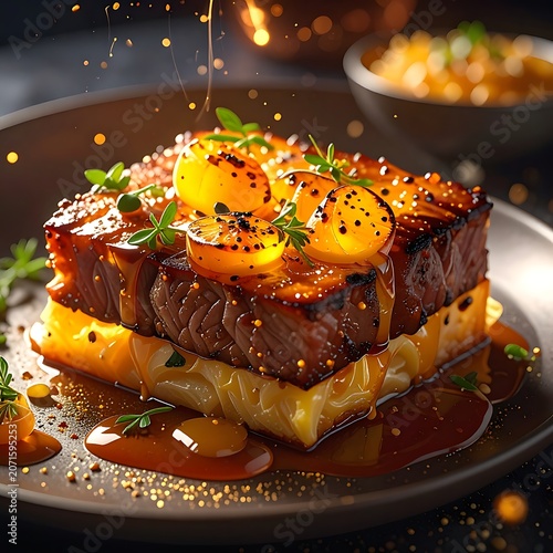 A savory dish of roasted meat with sauce and herbs