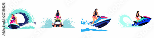 Canvastavla Flat vector illustration set of women riding personal watercrafts and jet skis with ocean waves and water splashes on a white background
