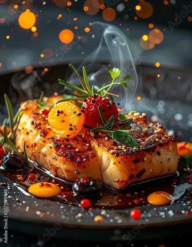 A savory dish with a piece of meat topped with herbs