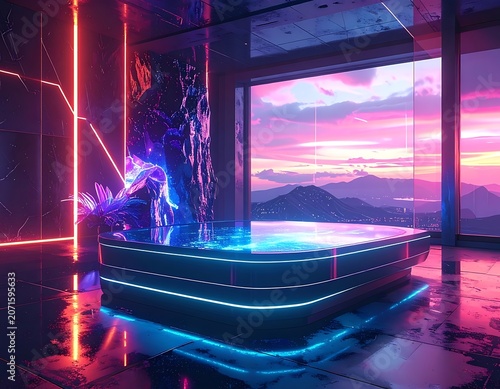 A futuristic room with a glowing blue platform and a view