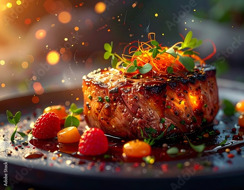 A savory dish with a seared steak garnished with microgreens