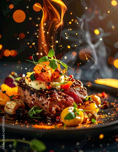 A savory dish with a steak, toppings, and vibrant orange sparks