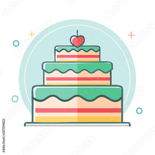 Flat illustration of a layered birthday cake with cherry