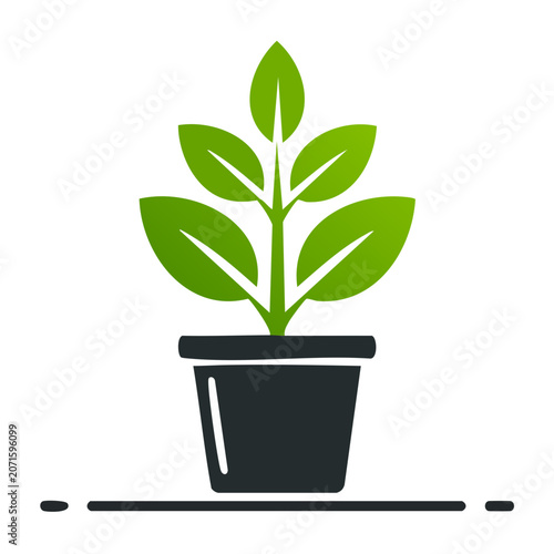 Green plant growing in a dark pot, flat design icon